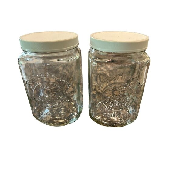 Set of 2 Vintage Golden Harvest Glass Canisters - 7.25" tall, 48oz Plastic Lids - Picture 7 of 7